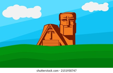 Armenian grandmother and grandfather statue, vector. We, our mountains. Monument in the capital of Artsakh, Stepanakert