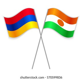 Armenian and Nigerien crossed flags. Armenia combined with Niger isolated on white. Language learning, international business or travel concept.