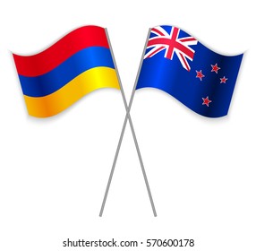 Armenian and NZ crossed flags. Armenia combined with New Zealand isolated on white. Language learning, international business or travel concept.