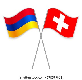 Armenian and Swiss crossed flags. Armenia combined with Switzerland isolated on white. Language learning, international business or travel concept.