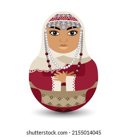 Armenian woman in national dress and jewelry. Designer tilting toy. Modern kawaii dolls for your business project. Flat vector illustration.