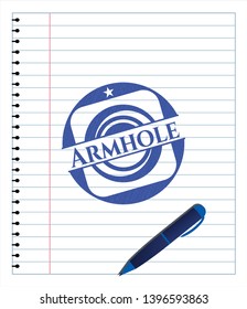Armhole blue ink pen emblem. Vector Illustration. Detailed.