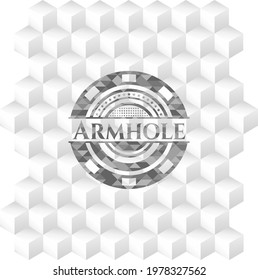 Armhole grey badge with geometric cube white background. 