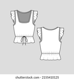 Armhole Ruffles knotted top square neck armhole ruffles detail waist gathering knot tie detail fashion clothing t shirt blouse flat sketch technical drawing template design