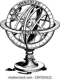 Armillary Sphere an arrangement of rings and all circles of a single sphere vintage line drawing or engraving illustration.