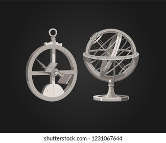 Armillary sphere.  Astrolabe. History of inventions. Astronomy. Journeys. Vector clip art.