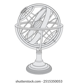 Esfera armilar em um suporte. Modelo da Terra no espaço. Objeto isolado no fundo branco.