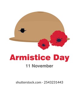 Vector del Día del Armisticio, ilustración. 11 de noviembre. Casco Brodie perforado por la bala y el concepto de diseño de flores rojas.