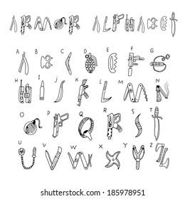 Armor alphabet. Doodle set in vector isolated on a white background.