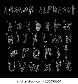 Armor alphabet. Doodle set in vector isolated on a black background.