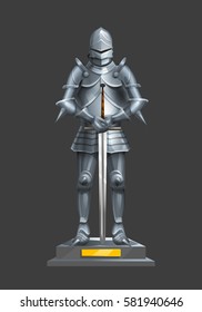 Armor ancient knight with a sword on a pedestal. Vector illustration.