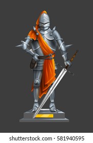 Armor ancient knight with a sword and orange cloth on a pedestal. Vector illustration.
