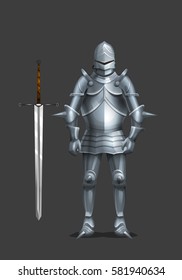 Armor ancient knight with a sword. Vector illustration.