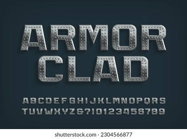 Armor Clad alphabet font. Riveted metal letters and numbers. Stock vector typescript for your design.