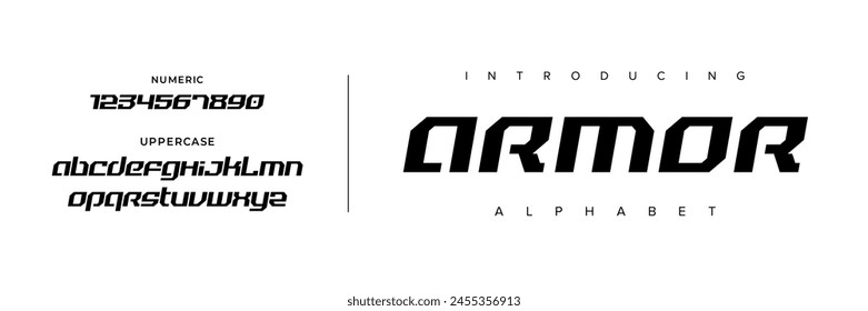 Armor Creative simple modern urban alphabet font. Digital abstract futuristic, logo, music, sport, minimal technology typography. Simple numeric vector illustration