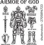 Armor of God Black and White Vector Biblical Christian Illustration
