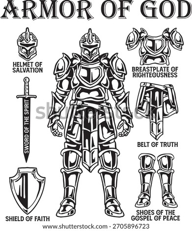 Armor of God Black and White Vector Biblical Christian Illustration

