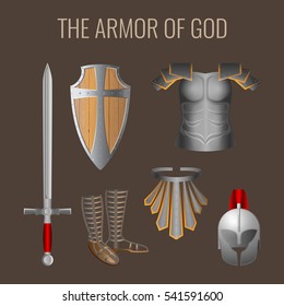 Armor of God collection of elements. Long sword of the spirit, readiness wooden shield of faith, armour helmet of salvation, breathpate, sandals of readiness, belt of truth. Vector illustration