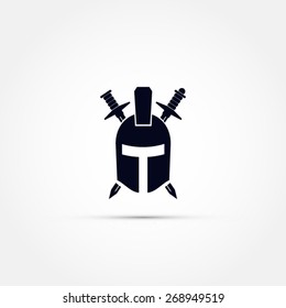 Armor helmet with two swords vector icon