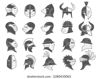 Cascos de blindaje. Ropa medieval antigua para guerreros de cabeza protegidos ilustraciones de reciente estilo vectorial