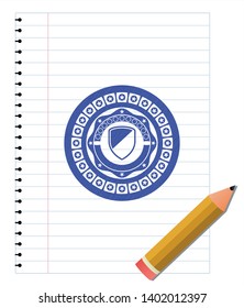 armor icon blue ink pen emblem. Vector Illustration. Detailed.