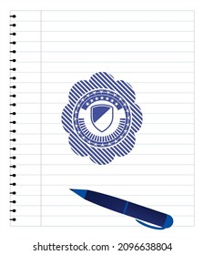 armor icon drawn with pen strokes. Blue ink. Vector Illustration. Detailed. 