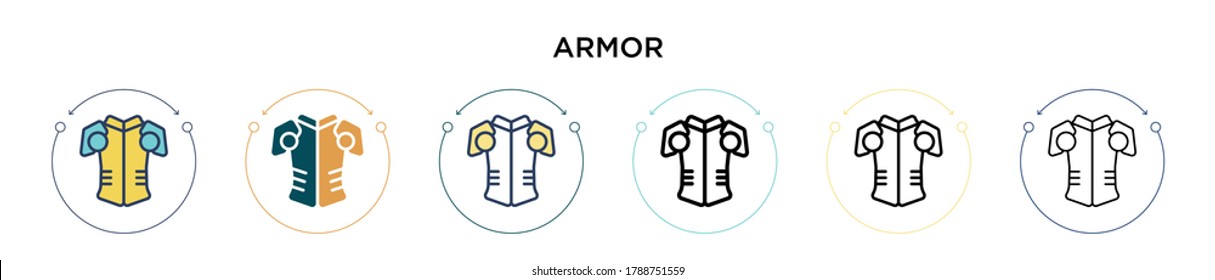 Icono de blindaje en estilo relleno, delgado, contorno y trazo. Ilustración vectorial de dos iconos vectoriales de armaduras de color y negro se puede utilizar para móviles, ui, web