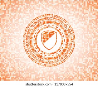 armor icon inside abstract emblem, orange mosaic background