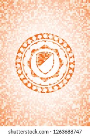 armor icon inside abstract orange mosaic emblem
