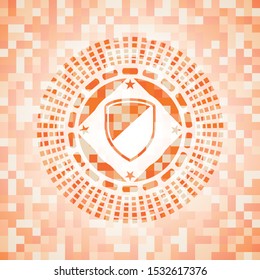 armor icon inside abstract orange mosaic emblem with background