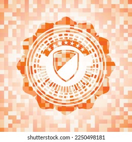 armor icon inside abstract orange mosaic emblem. 