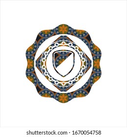 armor icon inside arabesque badge background. arabic decoration.