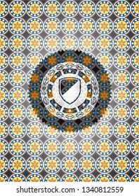 armor icon inside arabesque style badge. arabic decoration.