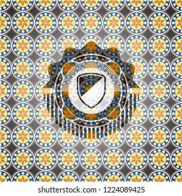 armor icon inside arabic badge. Arabesque decoration.
