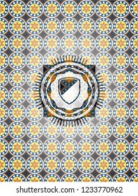 armor icon inside arabic badge background. Arabesque decoration.