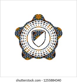 armor icon inside arabic badge background. Arabesque decoration.