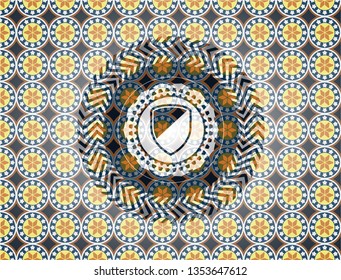 armor icon inside arabic badge. Arabesque decoration.