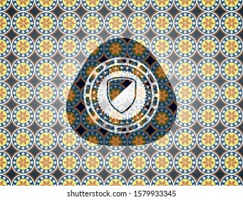 armor icon inside arabic badge background. Arabesque decoration.