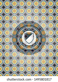 armor icon inside arabic style badge. Arabesque decoration.
