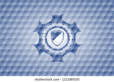 armor icon inside blue badge with geometric pattern.