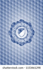 armor icon inside blue emblem or badge with geometric pattern background.