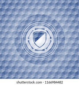 armor icon inside blue emblem with geometric background.