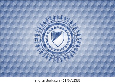 armor icon inside blue emblem or badge with abstract geometric polygonal pattern background.