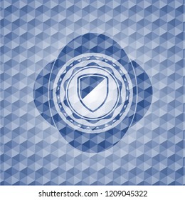 armor icon inside blue emblem with geometric pattern.