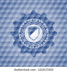 armor icon inside blue emblem or badge with geometric pattern background.