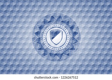 armor icon inside blue emblem or badge with geometric pattern background.