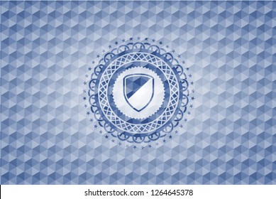armor icon inside blue emblem or badge with abstract geometric pattern background.