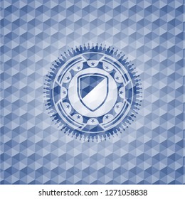 armor icon inside blue emblem or badge with abstract geometric pattern background.