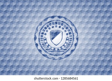armor icon inside blue emblem or badge with abstract geometric pattern background.