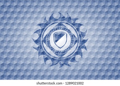 armor icon inside blue emblem with geometric background.